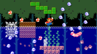 A forest theme in the Super Mario Bros. style with rising water