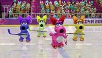 Birdo and a blue, yellow, and green Birdo, as Team Birdo in Mario & Sonic at the Sochi 2014 Olympic Winter Games
