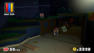 Mario near 1-Up Mushroom Battle Card in Bloo Bay Beach of Paper Mario: Color Splash.