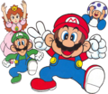 Artwork on the first page featuring Princess Peach, Luigi, Mario, and Toad