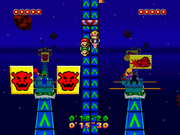 Cosmic Coaster: Both teams racing towards the end of the track in an asteroid based environment while avoiding Bowser symbol posters. From Mario Party 3.