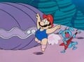 Mario and Kibidango trying to get the clam to open