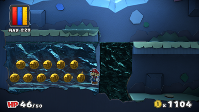 Mario near 11 Coins in Indigo Underground of Paper Mario: Color Splash.