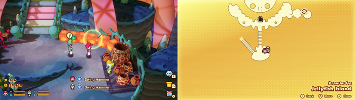 Mario and Luigi near wooden crates containing 2 10-Coins, a Mushroom and a Syrup Jar on Jellyfish Island of Mario & Luigi: Brothership.