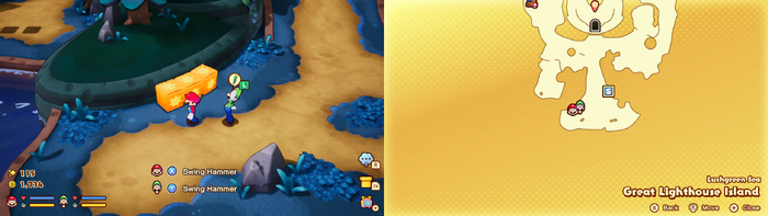 Mario and Luigi near wooden crates containing a Coin on Great Lighthouse Island of the Lushgreen Sea of Mario & Luigi: Brothership.