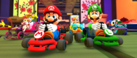 Mario, Luigi, Peach (Happi), Daisy (Yukata), and Shy Guy (Ninja) participating in the 2023 Ninja Tour's 2-Player Challenge in Mario Kart Tour