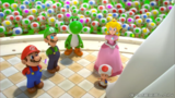 Mario, Luigi, Peach, Yoshi, and Toad at the statue inauguration