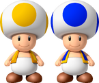Artwork of Yellow Toad and Blue Toad from New Super Mario Bros. Wii.