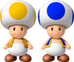Artwork of Yellow Toad and Blue Toad from New Super Mario Bros. Wii.