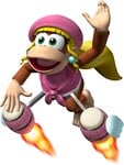 Artwork of Dixie Kong riding with her signature pink jet bongos from Donkey Kong: Barrel Blast