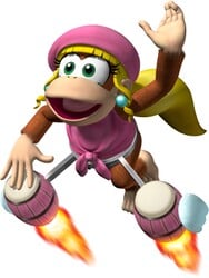 Artwork of Dixie Kong riding with her signature pink jet bongos from Donkey Kong Barrel Blast