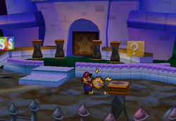 Image of Mario revealing a hidden ? Block in Peach's Castle, in Paper Mario.
