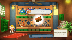Mario being given the Membership Card by the item shop shopkeeper in Shroom City of The Origami King.