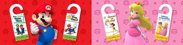 Banner for a set of printable Mario-themed door hangers featuring Mario, Luigi, Princess Peach, and Princess Daisy