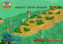 Hole 14 of Peach's Castle Grounds from Mario Golf: Toadstool Tour