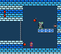 The Mouser boss fight in World 3-3 of Super Mario Bros. 2.