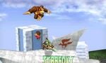 Players fighting on Super Smash Bros. Melee Corneria.