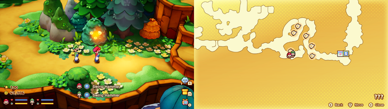 Mario and Luigi near a Sprite Bulb Nest on Conductor Island of Mario & Luigi: Brothership.
