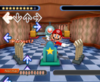 A screenshot from Dance Dance Revolution: Mario Mix, where Mario is dancing to In the Whirlpool in a checkerboard tiled room at the helm of a ship.