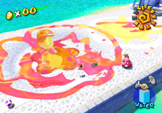 Mario battles against a Gatekeeper at the Delfino Airstrip.