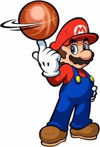 Artwork of Mario spinning a basketball on his right index finger in Mario Hoops 3-on-3