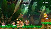 Screenshot of Mario in Big Goomba Bounce Bash, a 1-UP Rally Challenge Mode in New Super Mario Bros. U.