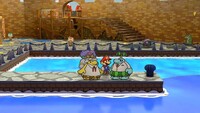 Paper Mario: The Thousand-Year Door (Nintendo Switch) screenshot of Mario and Flurrie encountering Frankie and Francesca at Rogueport harbor.