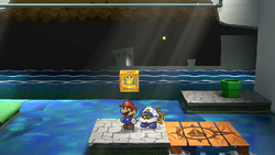 Mario next to the Shine Sprite above the sea on the east of Rogueport Underground in the remake of the Paper Mario: The Thousand-Year Door for the Nintendo Switch.