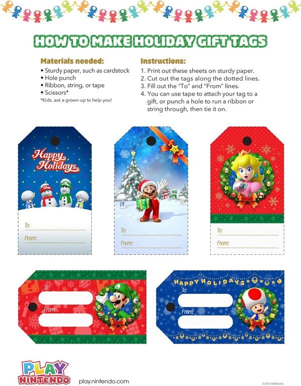 Printable sheet for a set of Mario-themed holiday gift tags