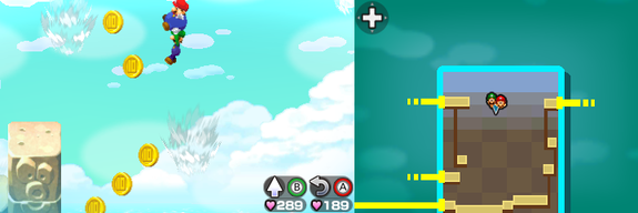 Mario and Luigi near 5 10-Coins in Plack Beach of Mario & Luigi: Bowser's Inside Story + Bowser Jr.'s Journey.