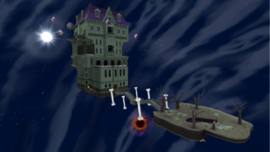 A screenshot of Ghostly Galaxy during the "Beware of Bouldergeist" mission from Super Mario Galaxy.