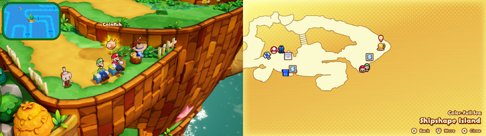 Mario fishing out a Coinfish on Shipshape Island of Mario & Luigi: Brothership.