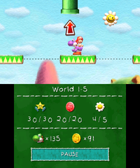 Smiley Flower 5: Held inside a hidden Winged Cloud at the top-right corner of the area with vertical scrolling, next to the pipe that leads to the end of the level.