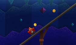 Mario near the first two Coins out of 83 in the first minecart scene in Bowser's Snow Fort of Paper Mario: Sticker Star.