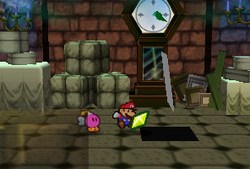 Mario finding a Star Piece under a hidden panel in the clock room in Boo's Mansion in Paper Mario