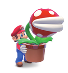 Artwork of Mario holding a potted Piranha Plant in Super Mario 3D World.