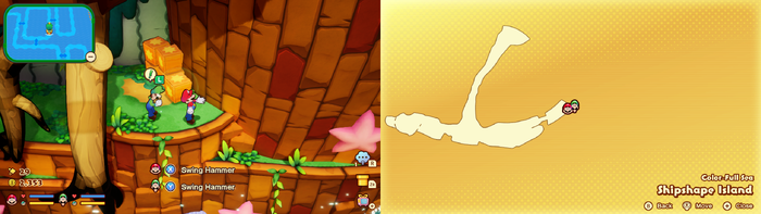 Mario and Luigi near wooden crates containing an Ultra Candy on Shipshape Island of Mario & Luigi: Brothership.