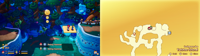 Mario and Luigi near 2 Coins and a 10-Coin on Twistee Island of Mario & Luigi: Brothership.