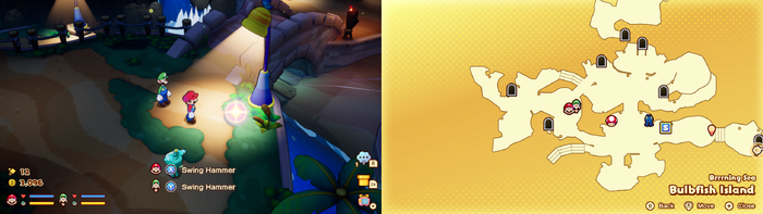 Mario and Luigi near a Coin on Bulbfish Island of Mario & Luigi: Brothership.