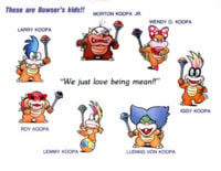 Character artwork of all the seven Koopalings with their magic wands from Super Mario Bros. 3