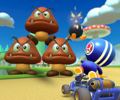 Thumbnail of the Diddy Kong Cup challenge from the Mii Tour; a Goomba Takedown challenge set on Wii Mushroom Gorge