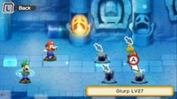 Screenshot of the Double Glurp glitch from Mario & Luigi: Superstar Saga + Bowser's Minions (note how the player can choose to attack one of the two Glurps in the same space)