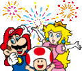 Mario, Princess Peach, and Toad in front of fireworks.