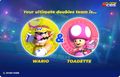 Results at the end of the game, with Wario and Toadette as the winning doubles partners