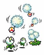 Artwork of a Nipper Dandelion spreading Nipper Spores spawning Nipper Plants in Yoshi's Island DS