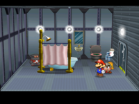 Screenshot of an Elite X-Naut peeking from behind the shower in the Sublevel 4 bathroom in X-Naut Fortress, in Paper Mario: The Thousand-Year Door.