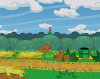 Mario in the background of Petal Meadows in Paper Mario: The Thousand-Year Door