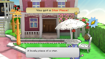 Mario getting the Star Piece in the gap of the hedge in the east of the first scene of Poshley Heights in the remake of the Paper Mario: The Thousand-Year Door for the Nintendo Switch.