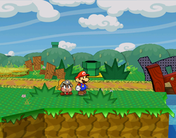 Mario near the bushes containing Coins in the western part of Petal Meadows of Paper Mario: The Thousand-Year Door.