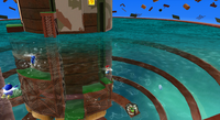 Mario near the partially-sunken fortress in the Buoy Base Galaxy